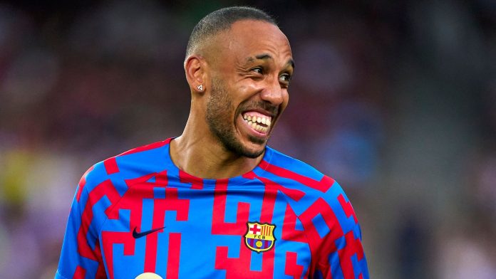 Pierre-Emerick Aubameyang of FC Barcelona looks on prior to the Joan Gamper Trophy match between FC Barcelona and Pumas UNAM at Camp Nou on August 07, 2022 in Barcelona, Spain. (Photo by Pedro Salado/Quality Sport Images/Getty Images)